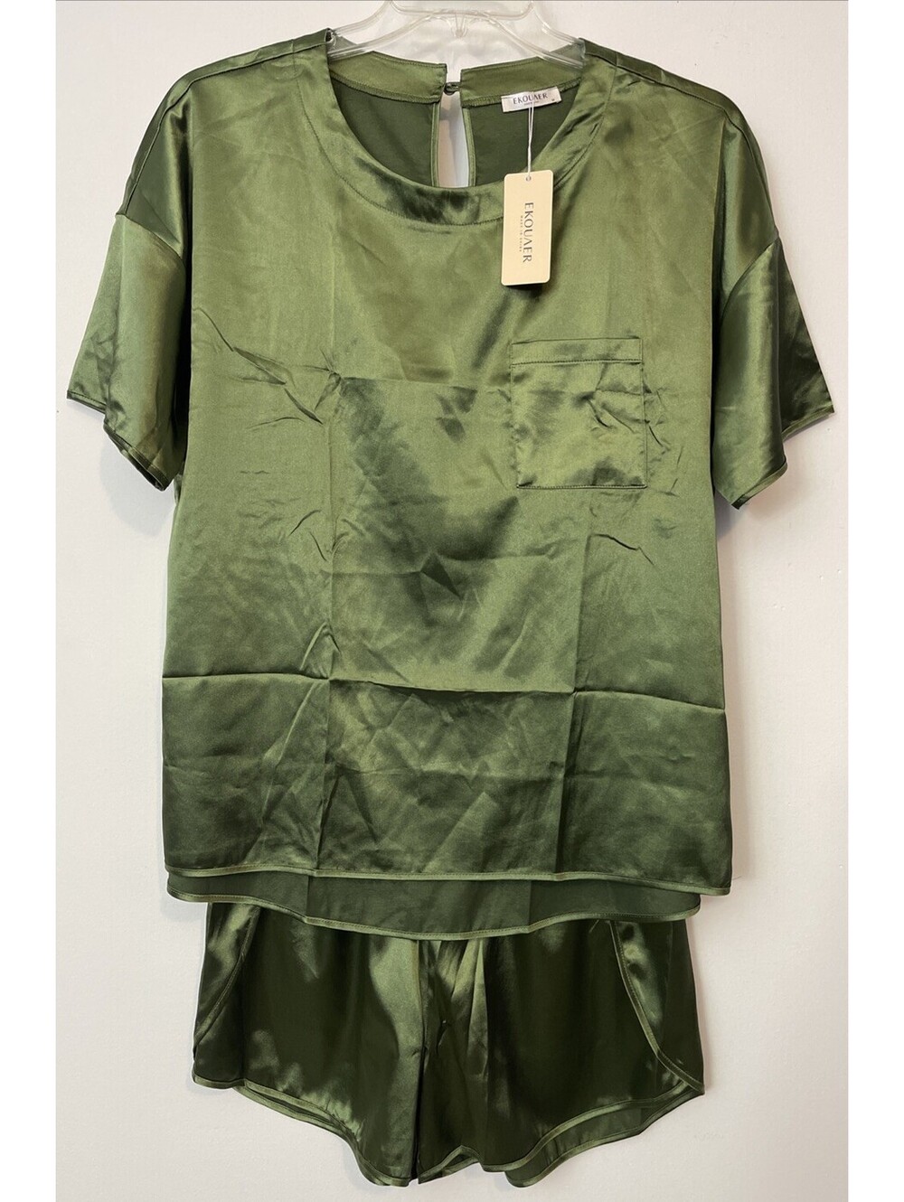 Ekouaer Womens Medium Green Shirt & Shorts Satin Pajama Set NWT! A7171